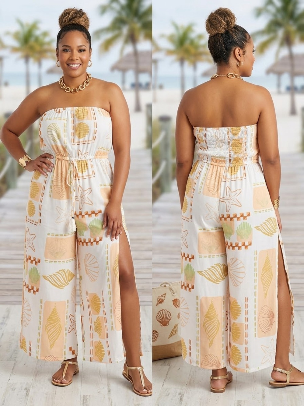 Women’s Strapless Beach-Print Jumpsuit — Peach & White